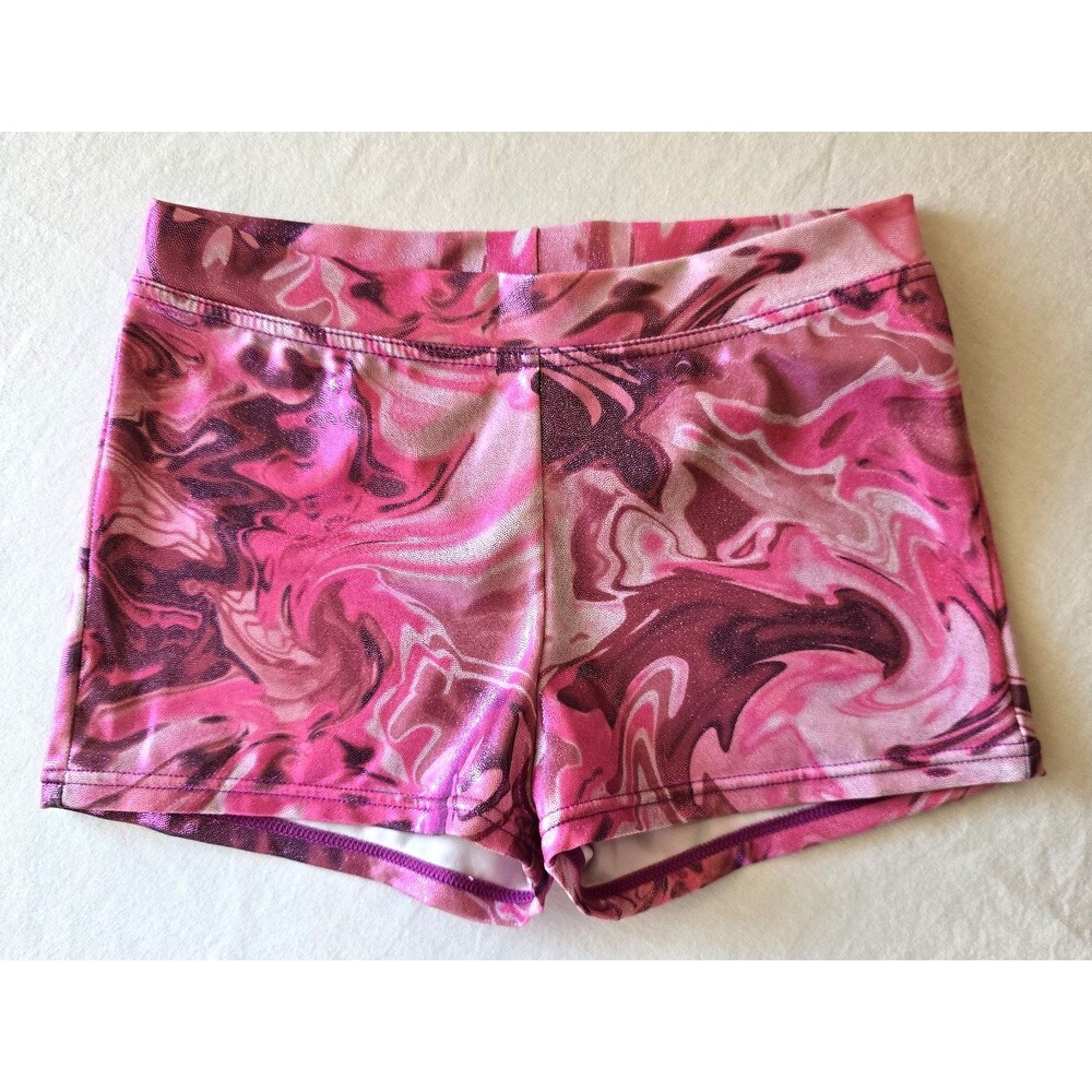 CAPEZIO Girls Dance/Gymnastics Shorts Pink Marbled Metallic Foil Sz Child Large